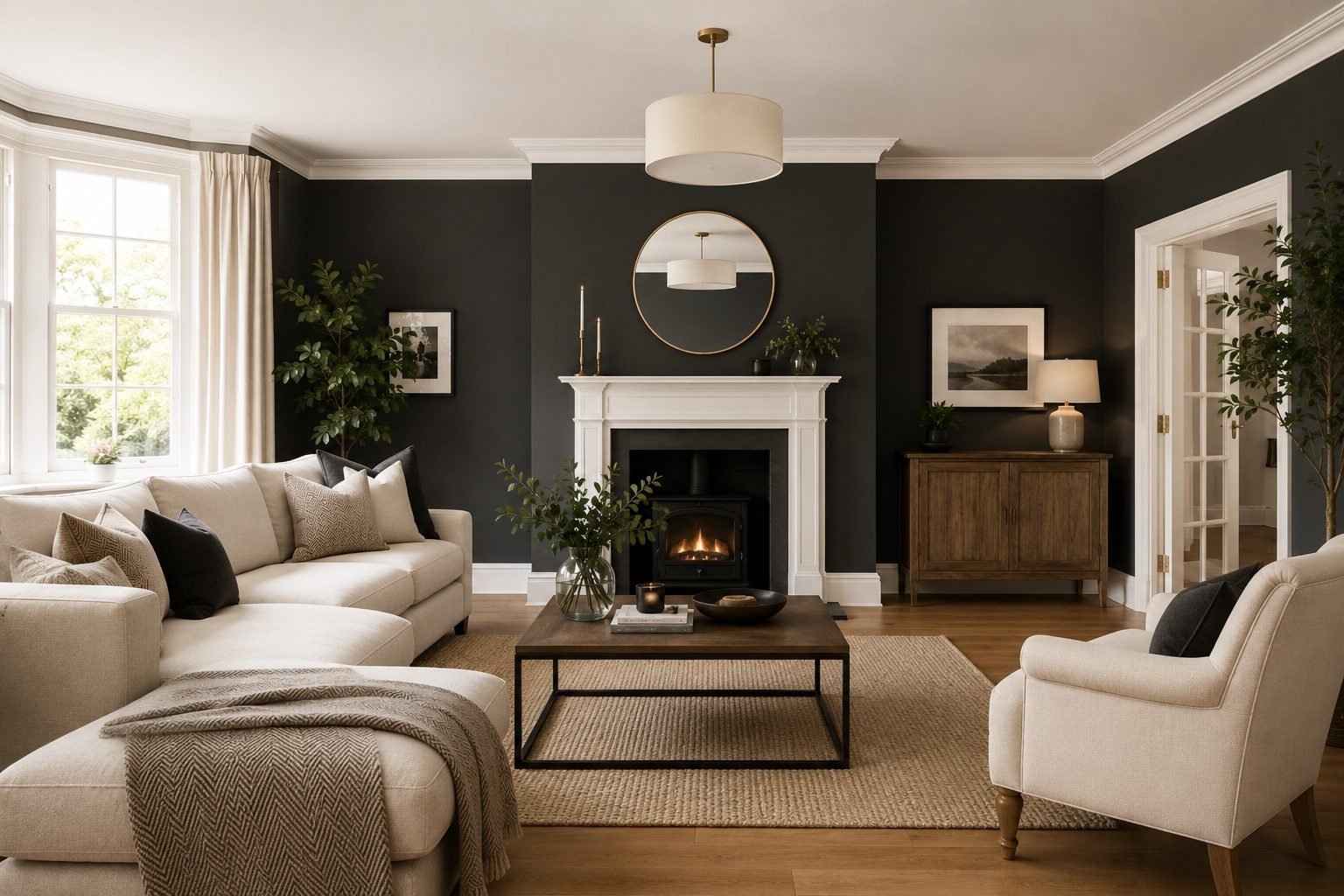 Elegant finished living room with charcoal walls