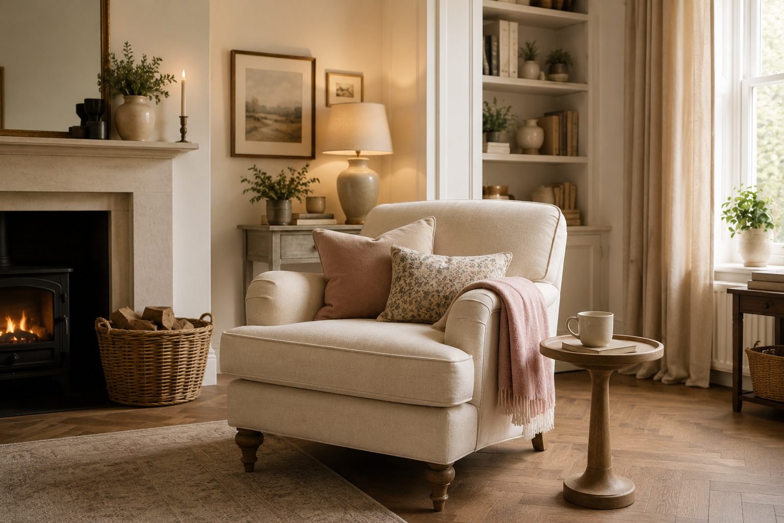 Cosy finished sitting room with armchair and throw