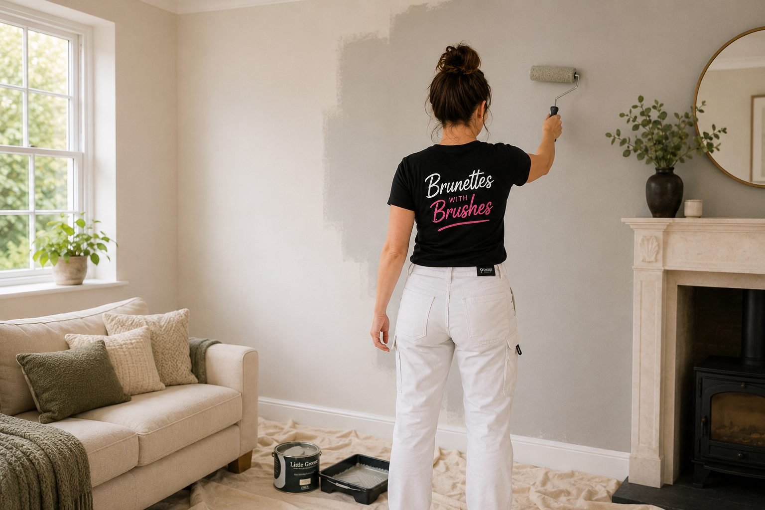 Decorator rolling pale grey paint onto a living room wall