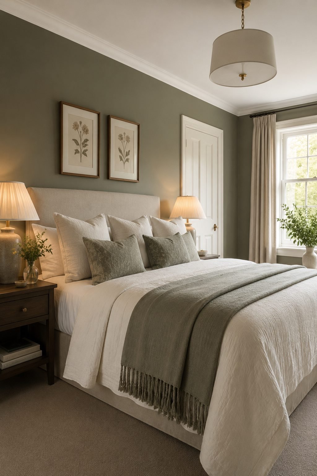 Calm bedroom with sage green feature wall
