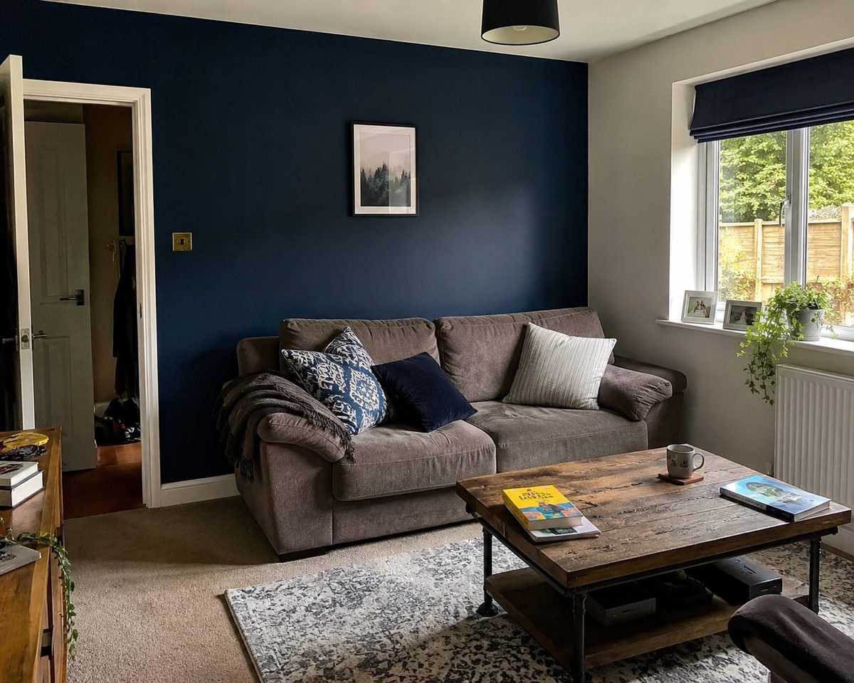 Living room with a bold rose feature wall