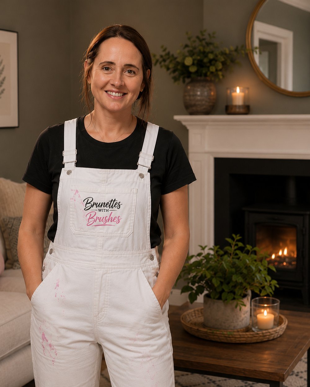 Kerry, co-owner and cutting-in specialist at Brunettes With Brushes, in her branded dungarees