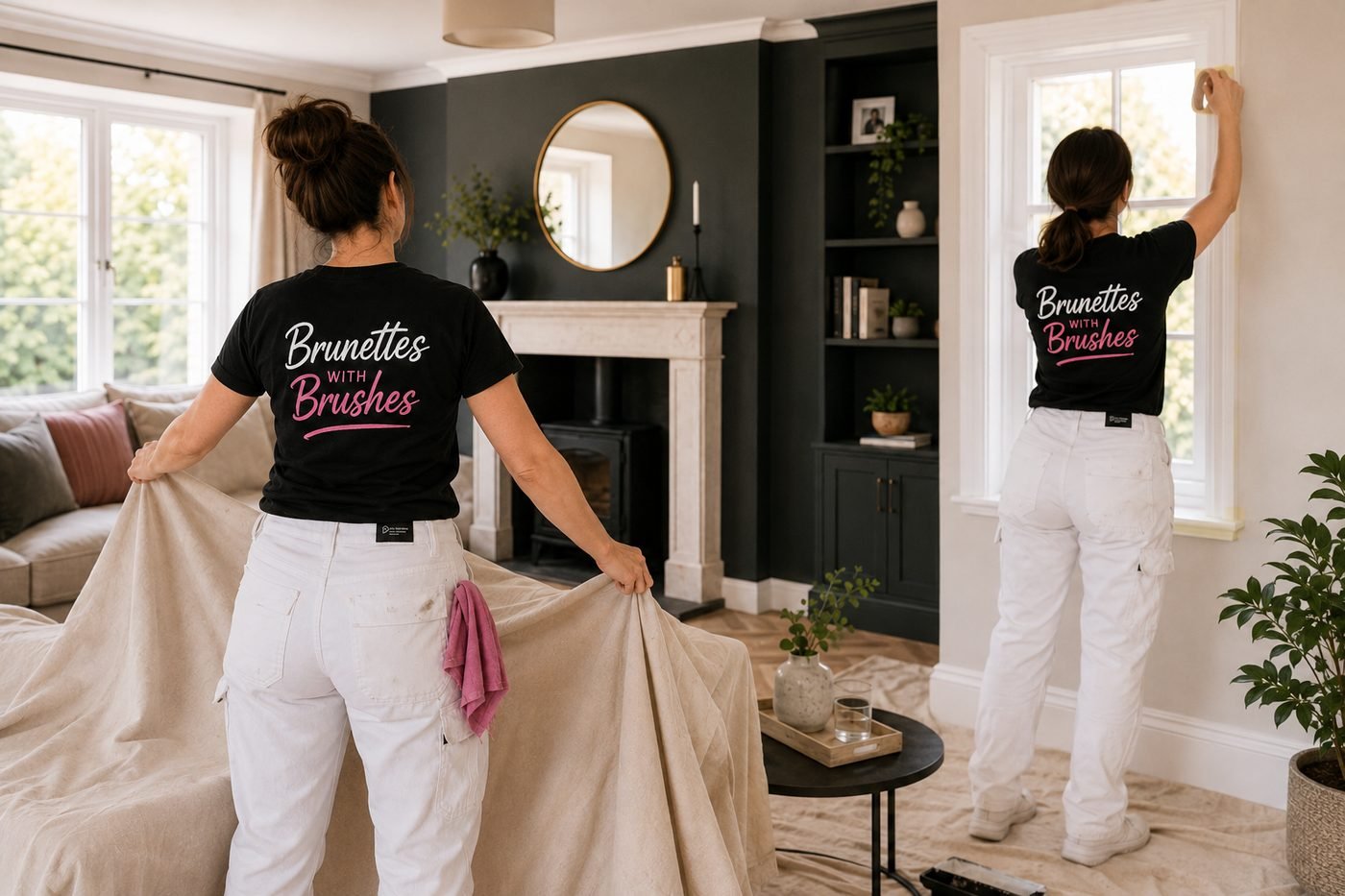 Bonny and Kerry protecting furniture and masking a window before painting